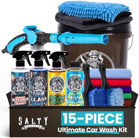 Salty Captain Ultimate 15-Piece Car Cleaning Kit \u2013 Car Wash Kit with 15L Bucket, Hand Mitt Towels, Brushes &amp;amp; 4x Cleaning Fluids \u2013 2-in-1 Foam &amp;amp; Flush Gun compatible with Garden Hose 