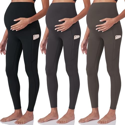 POSHDIVAH 3 Pack Women&#39;s Maternity Workout Leggings Over The Belly Pregnancy Yoga Pants with Pockets