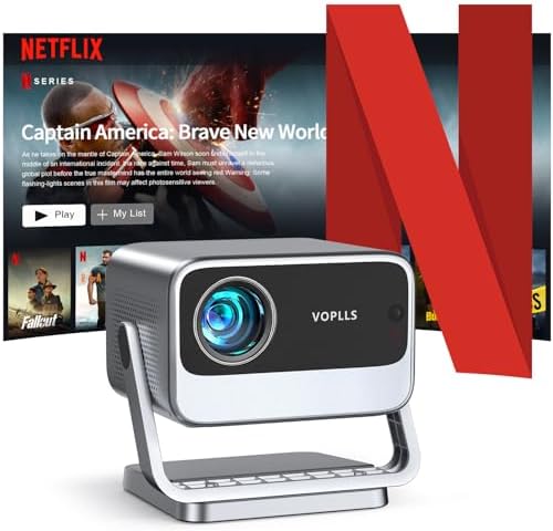 [Netflix Officially &amp; Auto Focus] VOPLLS 4K Projector with WiFi and Bluetooth, 3D Stereo Sound &amp; Auto Keystone Video Projector, 1200ANSI Outdoor Movie Projector, 50% Zoom, MAX 300''Dis