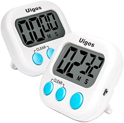 Uigos 2 Pack Digital Kitchen Timer II 2.0, Big Digits, Loud Alarm, Magnetic Backing, Stand, for Cooking Baking Sports Games Office (White) (2 Pack)
