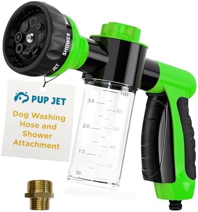 The Original Pup Jet Dog Washing Hose Attachment with Soap Dispenser \u2013 8-in-1 Fur Sweep Shower Attachment &amp; Shampoo Sprayer for Dog Wash, Bath, and Grooming Perfect Pet Care