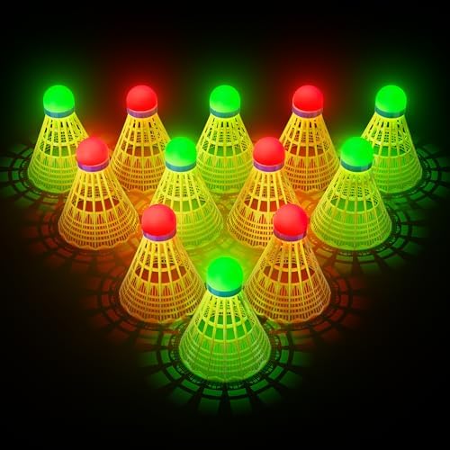 HIRALIY LED Badminton Birdies 6/12 PCS, 360 Nylon Glow in The Dark Badminton Shuttlecocks for Baseball Backyards Practice, 2 Color Plastic Light Up Birdie Ball Set for Indoor Outdoor Sports Activities