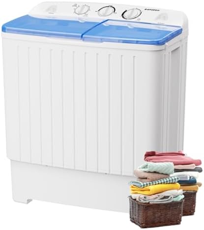 BANGSON Portable Washing Machine, Mini Twin Tub Washer and Dryer Combo with 17.6 lbs Large Capacity, Portable Washer for Apartment, Dorm, RV, Camping, Home, 25.6x14.2x28.8 inches, White &amp; Blue