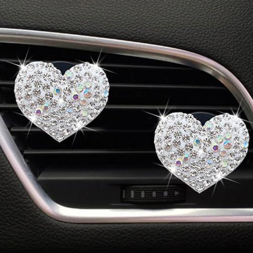 2Pcs Bling Crystal Cute Heart Charms Air Vent Clips, Car Conditioning Outlet Decorative Rhinestone Accessories for Women Interior Decor, White