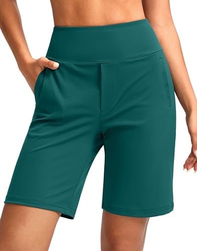 SANTINY Women's 9" High Waisted Bermuda Shorts with 4 Pockets Knee Length Long Shorts for Women Workout Athletic Casual