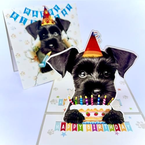 Momapopup 3D Pop-Up Black Schnauzer Dog Birthday Card - Dog with Cake Celebration, Whimsical Happy Birthday Greeting for Dog Lovers - Black Schnauzer Dog 3D Birthday Pop Up Card