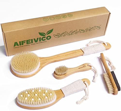 AIFEIVICO Dry Brushing Body Brush, Natural Boar Bristle Dry Brush, Bamboo Exfoliating Body, Face, Foot, Long Handle Back Scrubber Brush, Meridian Pressure for Lymphatic, Cellulite