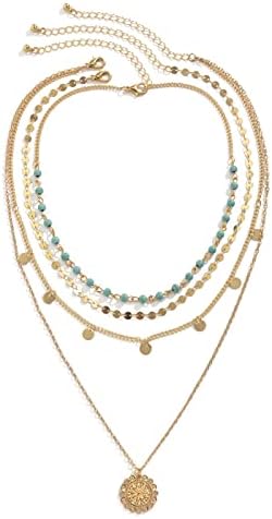 Taichell Gold Layered Turquoise Necklace for Women Multi Boho Long Necklace Bohemian Coin Pendant Necklaces Jewelry