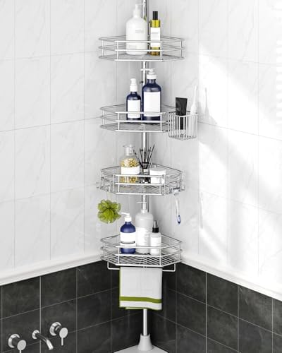 SEIRIONE Corner Shower Caddy Tension Pole, Quick Setup, Rust-Free Bathroom Shower Organizer Corner for Bathtub Shampoo Storage, 4-Tier Adjustable Shelf, Drill Free, Fits 34 to 116 Inch Height, Silver