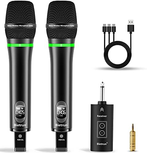 Bietrun Rechargeable Wireless Microphone, Dual Metal Cordless Handheld Dynamic Wireless Mics with 1\/4'' Output for Karaoke, Meeting, Singing, Church, Wedding(UHF 240ft Range)(Receiver with Bl