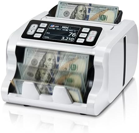 MUNBYN IMC09 Mixed Denomination Money Counter Machine, Value Counting, UV\/MG\/IR\/MT Bill Counter, 3.5" TFT Display Money Counting Machine, USD, EUR, MXN, CAD Cash Counter for Business (White)
