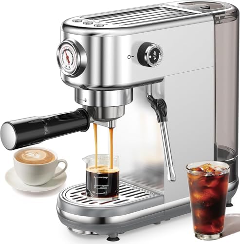 Espresso Machine with Milk Frother, 20 Bar High Pressure Professional Espresso Maker Automatic, Compact Stainless Steel Coffee Machine for Cappuccino, Latte, Gift for Coffee Lover, Silver