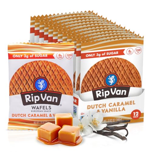 Rip Van Wafels Dutch Caramel &amp;amp; Vanilla Stroopwafels, Healthy Snacks, Non-GMO, Low Calorie, Low Sugar (3g), Office Snacks, Keto Friendly, 12 Count