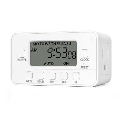 BN-LINK 7-Day Heavy Duty Digital Timer with Dual Outlet, LCD Display, 3-Prong Programmable Design, for Lights, Fans, Coffee Machine, Home, Kitchen, Office, Indoor Use, 125V 15A 1875W, 1 Pack