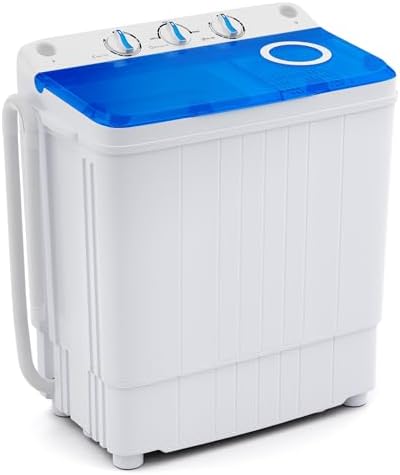 Giantex GX10587US-DK-GX-PF, 17.6lbs Compact Washer Spinner Combo with Pump Drain, Twin Tub 11lbs 6.6lbs Spin, Lavadoras Portatiles for Apartment RV Dorm College (White &amp; Blue) Portable Washing Mac