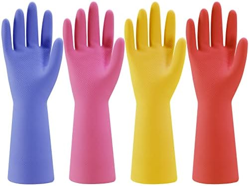 Rubber Kitchen Dishwashing Gloves - 4 Pairs Colorful Reusable Household Cleaning Gloves for Washing Dishes and Cleaning Tasks, Flexible Long-lasting and Non-Slip (Medium, Blue+Pink+Yellow+Red)