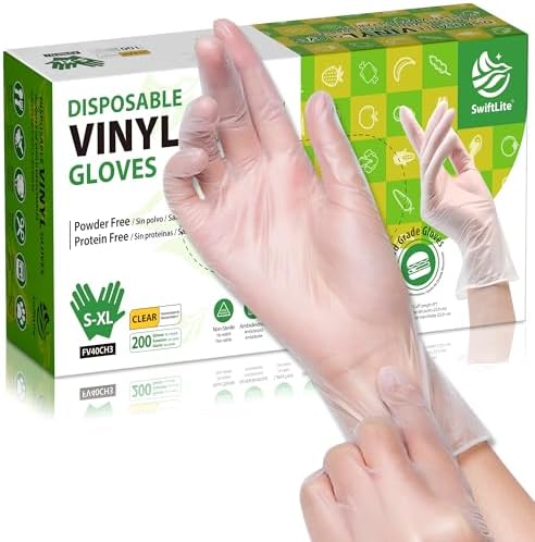 SWIFTLITE Disposable Vinyl Gloves, Food Safe, Latex-Free Powder-Free Clear Plastic Gloves for Cooking, House Clean, Food Prep