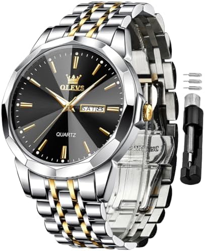 OLEVS Men Watches Business Dress Diamond Analog Quartz Date Luxury Wrist Watch Casual Stainless Steel Waterproof Luminous Two Tone Watch for Men