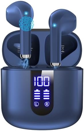 Wireless Earbuds, Bluetooth Headphones with Deep Bass Stereo, 48H Playback Ear Buds with LED Power Display Charging Case, IPX7 Waterproof in-Ear Earphones with Mic for iPhone, Android Phone, Blue