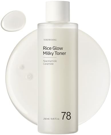 TOSOWOONG Rice Glow Milky Toner with 784,000ppm Korean Rice Water, Niacinamide, Ceramides, Panthenol, Glow, Glass Skin, Hydrating, Purifying, Fragrance-Free, Korean Skin Care, 250ml, 8.45 fl.oz.