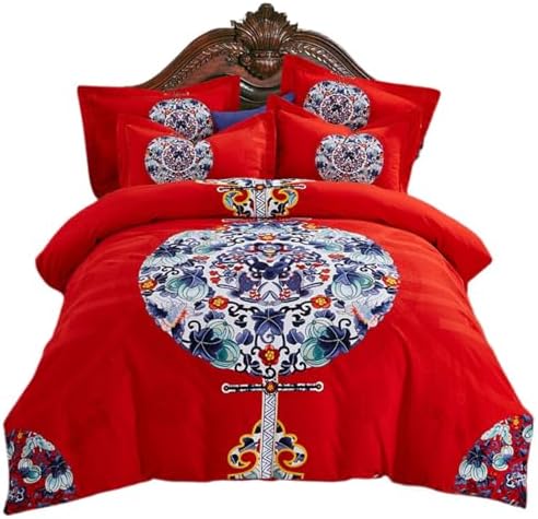 JUxiangW5 New Chinese Ethnic Style Cotton Thickened Woolen 4Piece Quilt Cover Set Four Piece Set. 8m Bed Double Pure Cotton Comfort Cover Set, Bedding Set. 0
