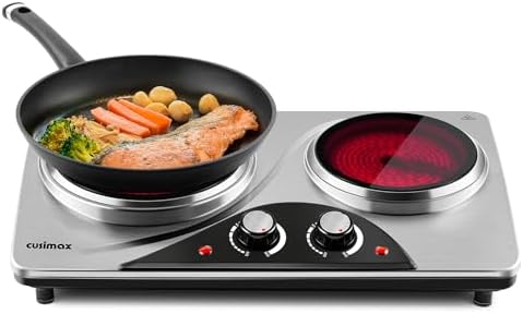 Hot Plate, CUSIMAX Electric Double Burner, Portable Ceramic Infrared Cooktop, Dual Control Cooking Stove, Heat-Up in Seconds, Compatible for All Cookwares, Silver