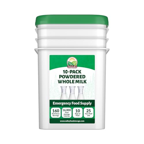 Valley Food Storage Whole Milk Powder  Contains Vitamin A &amp;amp; Vitamin D  Powdered Milk Long Term Storage, 25 Year Shelf Life  Camping Food, Backpacking Meals, Prepper Supplies (10 Bags + Bucket)