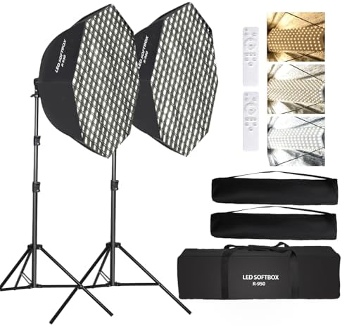 GSKAIWEN 110W Octagonal Parabolic Softbox Lighting Kit, 37.4 "\/95cm Soft Box with Honeycomb Grid\/Remote Control\/Stand for Studio Light, Video Recording, Portraits, Product Photography, Live Str