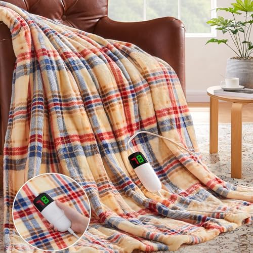 Heating blanket electric blanket, 50X60, 10 level heating and 8-hour automatic shutdown, grid Sherpa blanket heater, for adult sofa bed office use, fast heating, ETL, brown