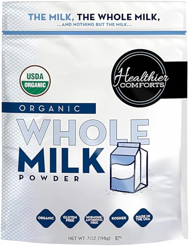 Healthier Comforts Organic Whole Milk Powder  Certified USDA Organic  Kosher, Gluten Free, Non-GMO Dry Powder Whole Milk  Dried Milk w\/Resealable Packaging, Shelf Stable Milk 7oz