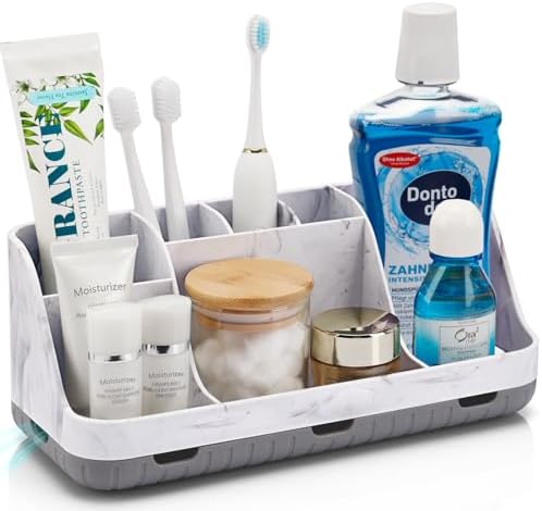 GFWARE Marble Bathroom Countertop Organizer - Detachable 7 Slots Kids Electric Toothbrush and Toothpaste Holde Drainage for Bathroom Accessories Organization Counter Vanity Storage, Grey
