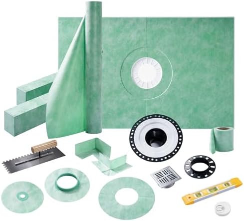 Albott Shower Curb Kit with Complete Shower Kit- Tray, Curb, Membrane, Seals, Bonding Flange, Corners, Trowel &amp; Level, 38" x 60" Tray, Center Outlet Position
