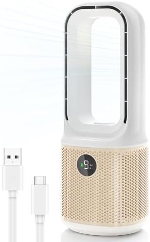 MEIIS desktop fan, small silent bladeless fan with 9-speed adjustment and 3 lighting modes, 14 inch USB rechargeable, with 5000mAh battery, 60 ° swing cooling fan, suitable for office, living room, be