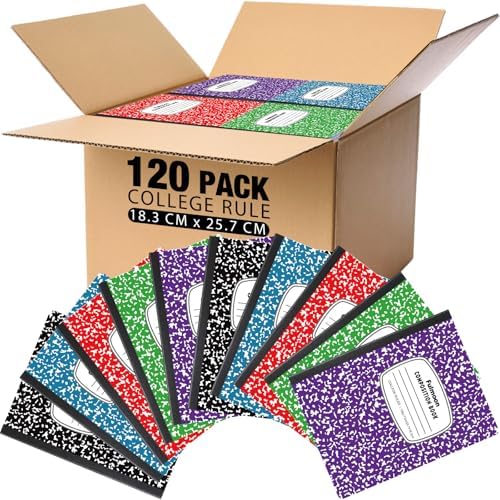 Fulmoon 120 Pack Composition Notebook Bulk 10.12 x 7.2'' Composition Notebook Pack 30 Sheets\/60 Pages Marble Covers Composition Notebooks for College School Office Supplies 5 Colors (College 