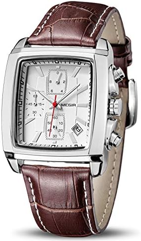 MEGIR Men's Business Analog Chronograph Luminous Rectangle Quartz Watch with Stylish Leather Strap for Sport &amp; Work