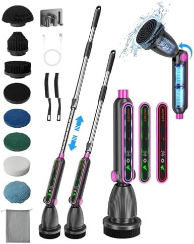 TECFUN Electric Spin Scrubber 16 in 1 Cleaning Brush with Adjustable Angles &amp; Heads, Bathroom Power Scrubber with Extendable Handle, Interactive LED, Cleaning Supplies for Toilet,Kitchen,Shower-Gr