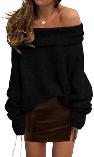 PRETTYGARDEN Women&#39;s Off The Shoulder Sweater Long Sleeve Tops 2025 Fall Loose Knit Pullover Sweaters Winter Clothes