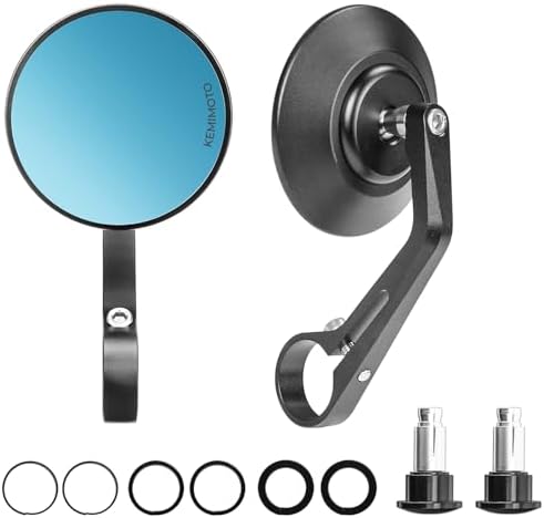 KEMIMOTO Motorcycle Bar End Mirrors, CNC Aluminum 7\/8" Handlebar Rearview Mirrors with Blue Anti-Glare Lens, Universal Fit for Motorcycles, E-bikes, Scooters, ATVs - Round Design for Clear &amp; 