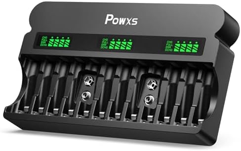 POWXS rechargeable AA AAA 9V battery charger, 1800mA high-speed, 12 slot independent battery charger, suitable for 1.2V nickel hydrogen nickel cadmium AA AAA rechargeable batteries and 9V lithium-ion 