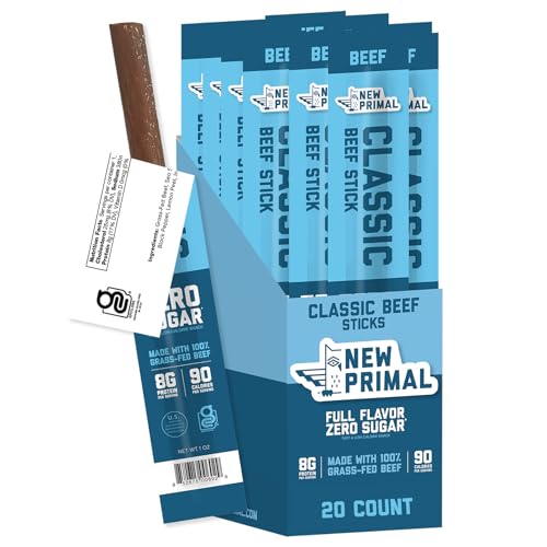 The New Primal Grass Fed Beef Sticks, Keto, Gluten Free Healthy Snacks for Adults, Sugar Free Low Carb High Protein Snack, Paleo Whole30 Jerky Meat Stick, 8g Protein, 90 Calories, 20 Pack