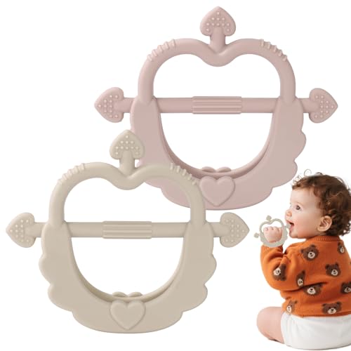AULEGE 2Pack Baby Teether Toys- Food-Grade Silicone Teething Toys for Babies 0-6 6-12 Months  Anti-Drop 3-Sided Mitten Teethers for Teething Relief  BPA-Free &amp; Easy Grip(Beige\/Rose Pink)