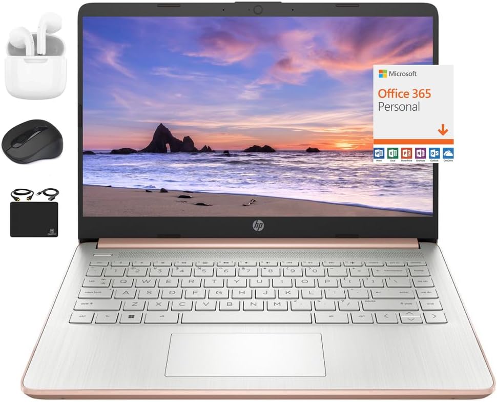 HP 2024 14" Laptop Notebook Thin Light Students Business, Quad-Core Intel N4120, 16GB RAM, 384GB (128GB eMMC+ 256GB Card) 1 Year Office 365, Webcam WiFi, Windows 11S, HubxcelAccessory Rose Gold