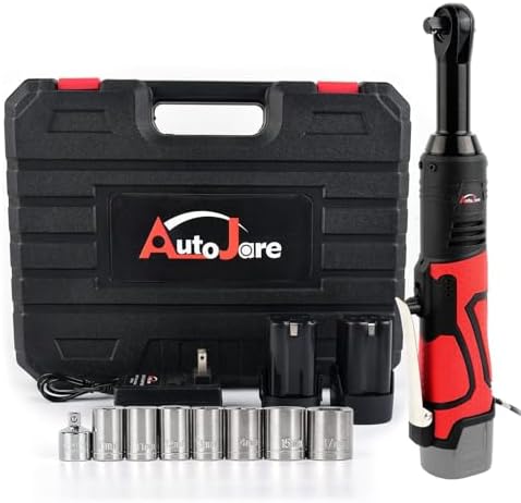 AUTOJARE Extended 18V Cordless Electric Ratchet Wrench Set 3\/8" Drive 450RPM 60 ft-lbs Power Ratchet Tool Kit with 1\/4" Socket Adapter, 7pcs Socket, Charger and 2pcs 1.5Ah Lithium-Ion Batter