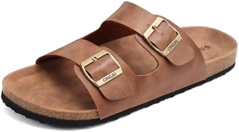 ONCAI Mens Sandals,Beach Slides Cork Footbed Slippers with Adjustable Buckle Straps Size 7-13