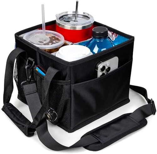 Savvy Lyfe Reusable Drink Carrier with Handle \u2013 4 Cup Insulated Portable Cup Holder with Shoulder Strap \u2013 Leakproof, Foldable, Adjustable Dividers Caddy Tray, Water Bottle Holder, Bag for De
