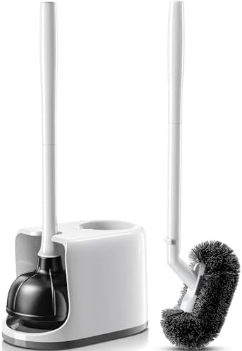HAMITOR Toilet Plunger Bowl Brush Combo：Heavy Duty Rubber for Drain Clog Remover - Curved Design Bristles for Deep Cleaning Under Rim - Compact Bathroom Cleaning Tools for New Homet Essentials - White