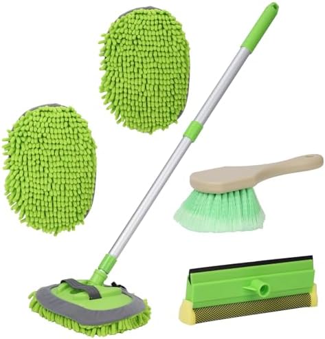 GIANT BEAR Car Wash Brush with Long Handle, 42.9&amp;#34; Microfiber Chenille Mitt Not Hurt Paint Scratch Free Aluminum Alloy Cleaning Tool -4 in 1,Glass Window Scrabber Detail Wheel Brush