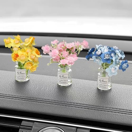 HUFIDA Flower Car Accessories Dashboard Plant Decorations, Set of 3 Mini Flowers Bouquet Car Decor for Women Aesthetic (Colorful)