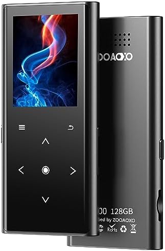 128GB MP3 Player, ZOOAOXO Music Player with Bluetooth 5.2, Built-in HD Speaker, FM Radio, Voice Recorder, Mini Design, Weigh 2.4 oz, HiFi Sound, Ideal for Sport, Earphones Included
