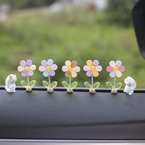 Kurilai 7pcs Cute Car Rearview Mirror Accessories, Funny Bunny Car Ornament, Shaking Spring Sunflower Dashboard Decorations, Interior Decor Christmas Valentine&#39;s Day Gifts for Men Women